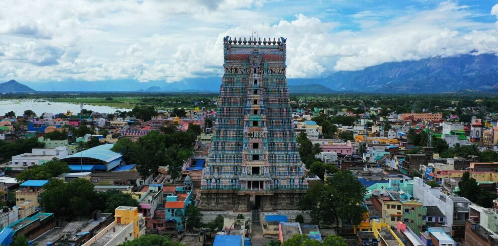 Discover the vibrant Srivilliputhur Andal Temple with its intricate architecture and colorful townscape.